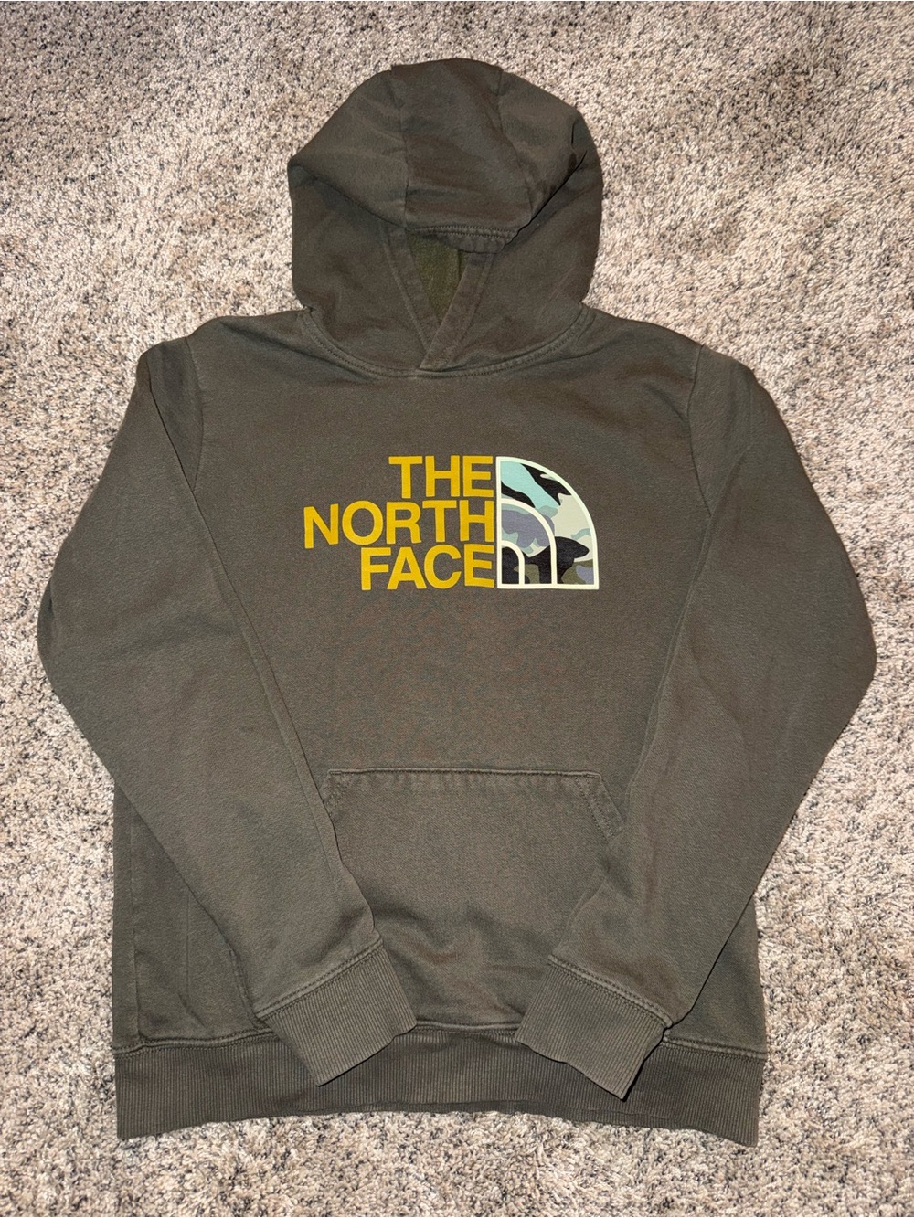 The North Face Youth XL Olive Green Crewneck Hoodie with Camo Logo
